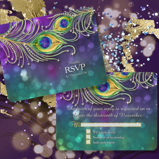 孔雀の羽のウェディング ゴールドラメ 宝石RSVP 出欠カード
