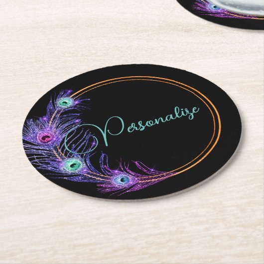 孔雀の羽のエレガントグリッターは黒い紫 ラウンドペーパーコースター (アングル)