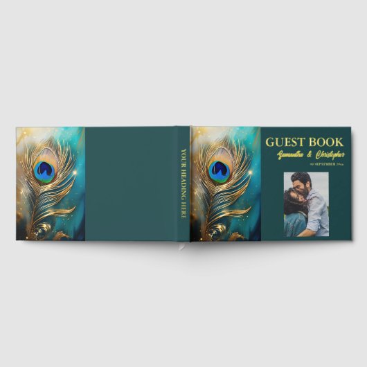 孔雀の羽のカップルの結婚写真のDIY エレガント ゲストブック (全面)