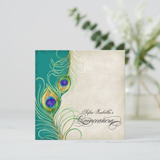 孔雀の羽のティール（緑がかった色）の青いダマスク織のキンセアニェラのパーティー 招待状 (スタンド正面)