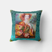 孔雀の羽のティール(緑がかった色)をきらめく持つロマンチックな女性 クッション (裏面)