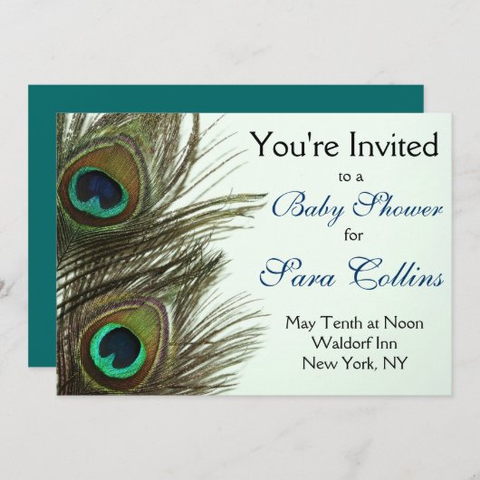孔雀の羽のベビーシャワーの招待状 招待状 (正面/裏面)