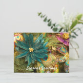 孔雀の羽のポインセチアの平らなクリスマスカード シーズンカード (スタンド正面)