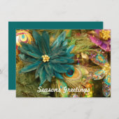 孔雀の羽のポインセチアの平らなクリスマスカード シーズンカード (正面/裏面)