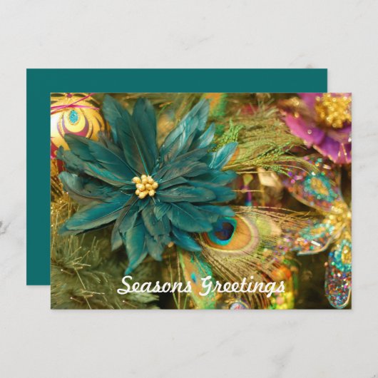 孔雀の羽のポインセチアの平らなクリスマスカード シーズンカード (正面/裏面)