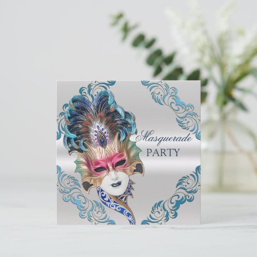 孔雀の羽のマスクの仮面舞踏会のパーティーの銀 招待状 (スタンド正面)