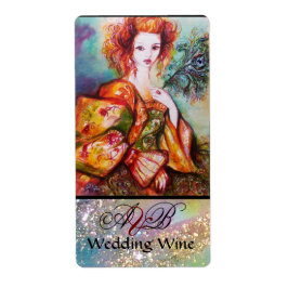 孔雀の羽のワインを持つロマン結婚ティックな女性 ラベル