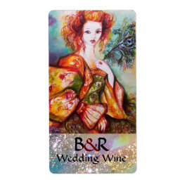 孔雀の羽のワインを持つロマン結婚ティックな女性 ラベル