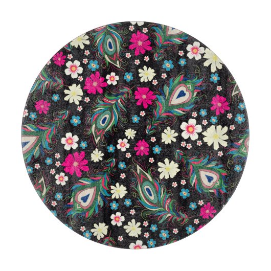 孔雀の羽の刺繍シームレスなパターン カッティングボード (正面)