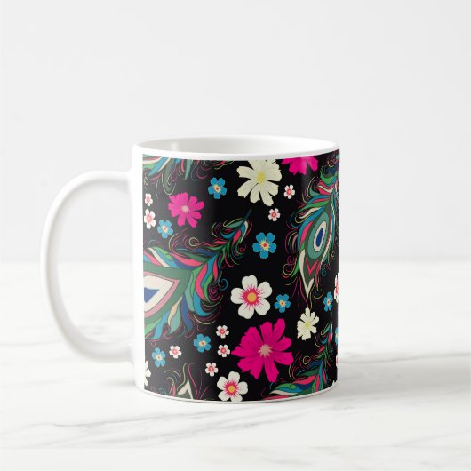 孔雀の羽の刺繍シームレスなパターン コーヒーマグカップ (左)