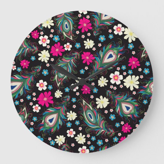 孔雀の羽の刺繍シームレスなパターン ラージ壁時計 (正面)