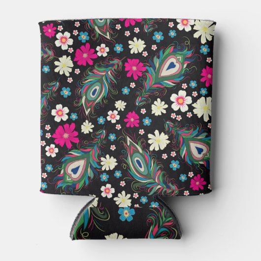 孔雀の羽の刺繍シームレスなパターン 缶クーラー (正面)