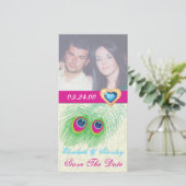 孔雀の羽の宝石ハート結婚式の日付を保存 セーブザデート (スタンド正面)