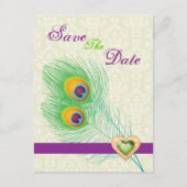 孔雀の羽の宝石ハート結婚式の日付を保存 案内ポストカード (正面)