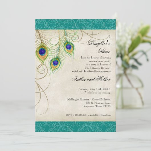 孔雀の羽の水のダマスク織のキンセアニェラのパーティー 招待状 (スタンド正面)