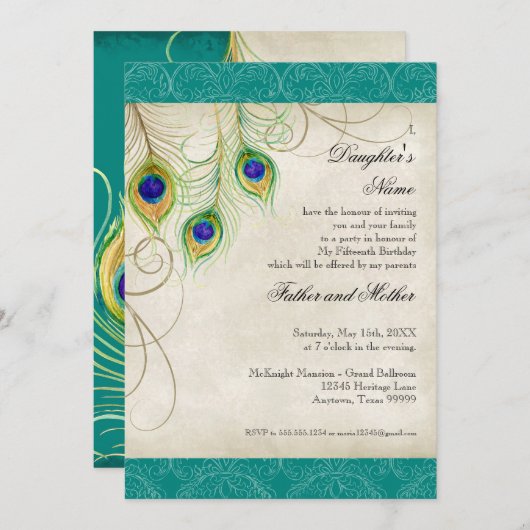 孔雀の羽の水のダマスク織のキンセアニェラのパーティー 招待状 (正面/裏面)