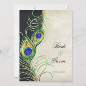 孔雀の羽の水の色ブラックダマスクウェディング 招待状 (裏面)