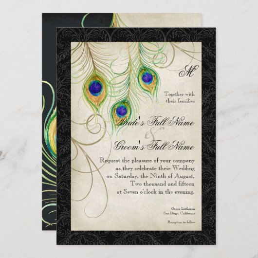 孔雀の羽の水の色ブラックダマスクウェディング 招待状 (正面/裏面)