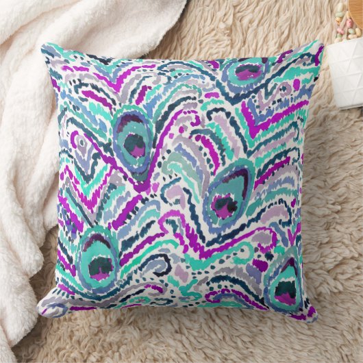 孔雀の羽の水彩画のBohoの種族の枕 クッション (ブランケット)