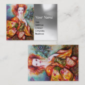 孔雀の羽の白い灰色の宝石とロマンチックな女性 名刺 (正面/裏面)