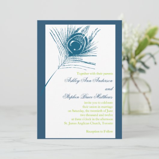 孔雀の羽の結婚式招待状の青緑 招待状 (スタンド正面)