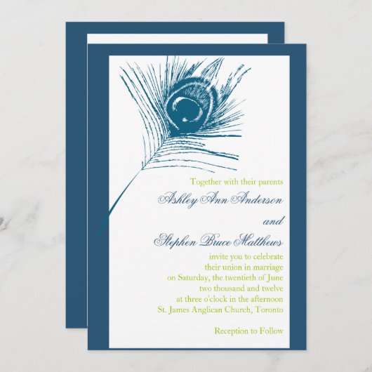 孔雀の羽の結婚式招待状の青緑 招待状 (正面/裏面)