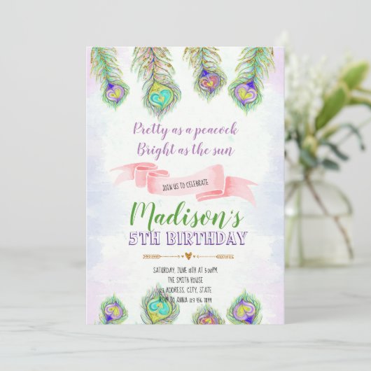 孔雀の羽の誕生日のパーティの招待状 招待状 (スタンド正面)
