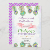 孔雀の羽の誕生日のパーティの招待状 招待状 (正面/裏面)