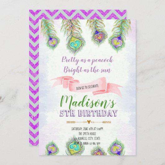 孔雀の羽の誕生日のパーティの招待状 招待状 (正面/裏面)