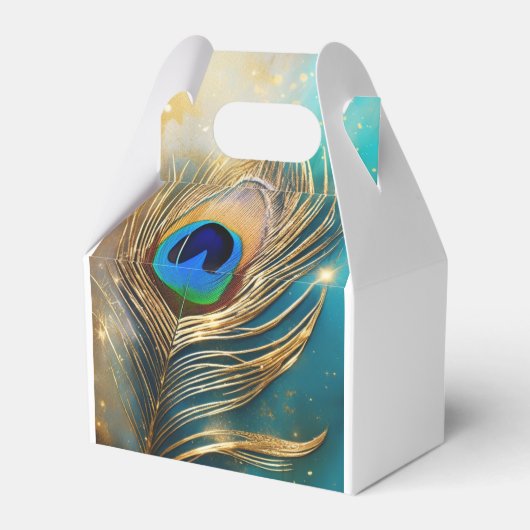 孔雀の羽の豪華なプルームティール（緑がかった色）白 フェイバーボックス (正面サイド)