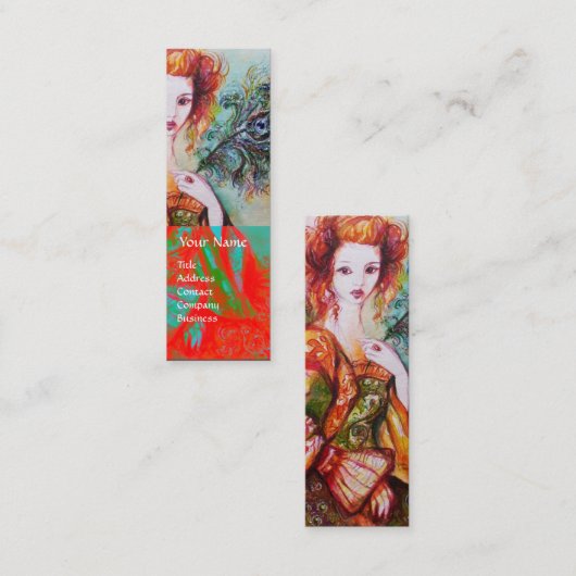 孔雀の羽の赤きらめくいロマンチックな女性 スキニー名刺 (正面/裏面)