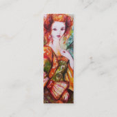 孔雀の羽の赤きらめくいロマンチックな女性 スキニー名刺 (裏面)