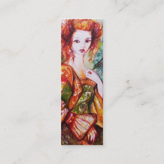 孔雀の羽の赤きらめくいロマンチックな女性 スキニー名刺 (裏面)