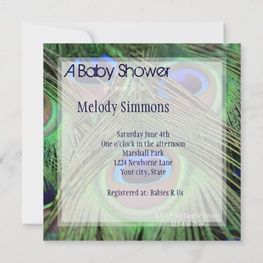 孔雀の羽の赤ちゃんシャワー 招待状 (裏面)