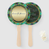 孔雀の羽の金ゴールド結婚のメニュー ハンドファン (正面&裏面)