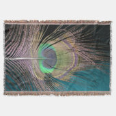 孔雀の羽の黒とターコイズ スローブランケット (正面)