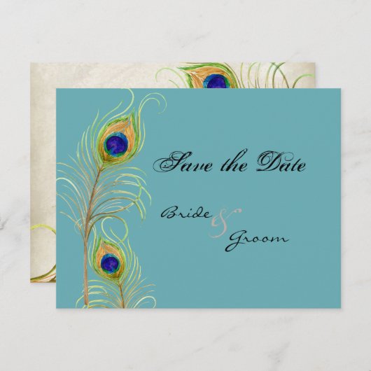 孔雀の羽は日付を保存招待状カード セーブザデート (正面/裏面)