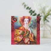 孔雀の羽を持きらめくつロマンチックな女性、赤 招待状 (スタンド正面)