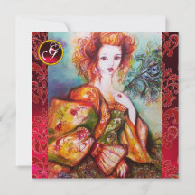 孔雀の羽を持きらめくつロマンチックな女性、赤