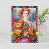 孔雀の羽を持きらめくつロマンチックな女性、赤 招待状 (スタンド正面)