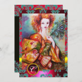 孔雀の羽を持きらめくつロマンチックな女性、赤 招待状 (正面/裏面)