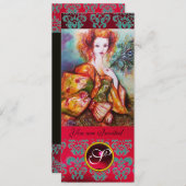 孔雀の羽を持きらめくつロマンチックな女性、赤 招待状 (正面/裏面)