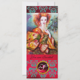 孔雀の羽を持きらめくつロマンチックな女性、赤 招待状