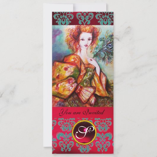 孔雀の羽を持きらめくつロマンチックな女性、赤 招待状 (正面)