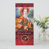 孔雀の羽を持きらめくつロマンチックな女性、赤 招待状 (スタンド正面)