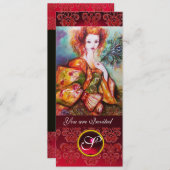 孔雀の羽を持きらめくつロマンチックな女性、赤 招待状 (正面/裏面)