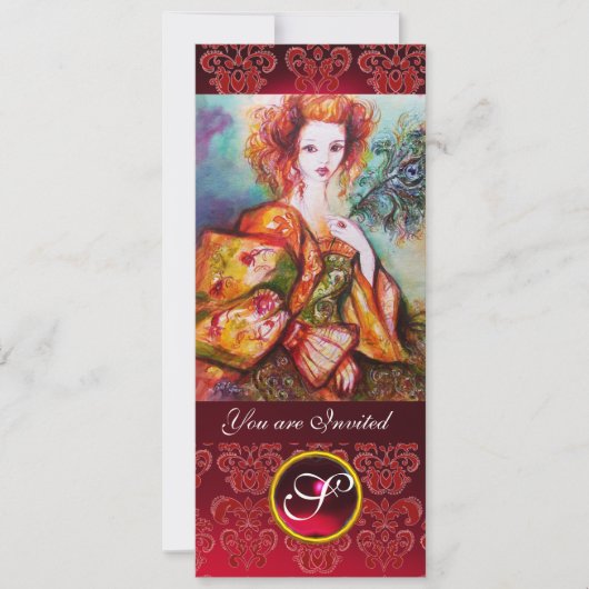 孔雀の羽を持きらめくつロマンチックな女性、赤 招待状 (正面)