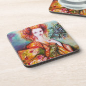 孔雀の羽を持つロマきらめくティックな女性 コースター (左側)