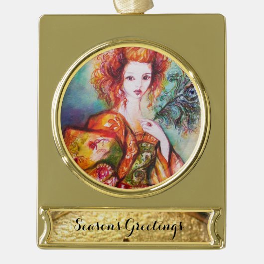 孔雀の羽を持つロマきらめくティックな女性 ゴールドプレートバナーオーナメント (正面)