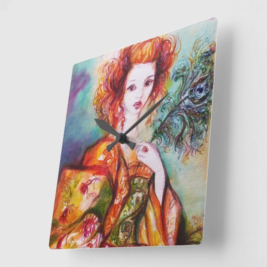 孔雀の羽を持つロマきらめくティックな女性 スクエア壁時計 (傾斜)